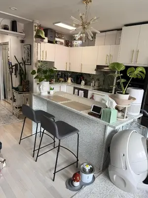 a kitchen with a counter and some chairs in it at Serene Studio in Brooklyn Heights in Brooklyn