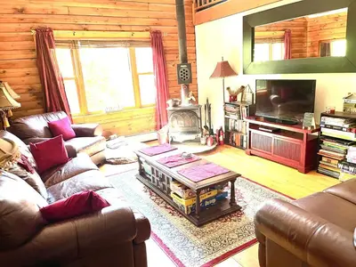 a living room with a couch and a coffee table at Log Cabin at the Goat Sanctuary in Napanoch