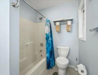 a white bathroom with a toilet and a shower at Pocono Pride in East Stroudsburg