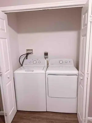 a laundry room with a washer and dryer at Home in Poconos in Albrightsville