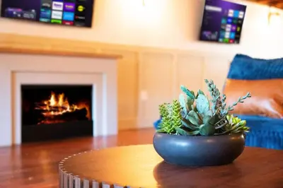 a plant sitting on a table in front of a fireplace at Lakeside Serenity Retreat Near Kalahari Resort in Pocono Summit