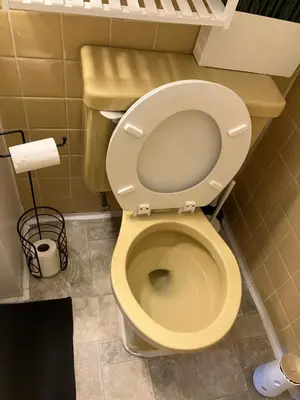 a bathroom with a toilet with a yellow seat at Quite and Sweet guest room near nyc in Guttenberg