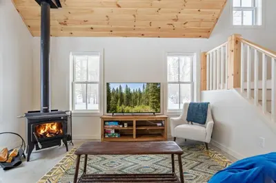 a living room with a fireplace and a tv at Lakefront Cabin with Private Dock Kenoza Den in Jeffersonville