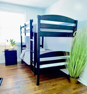 a bedroom with two bunk beds and a potted plant at Comfort Philly Stay Jacuzzi and Parking in Philadelphia