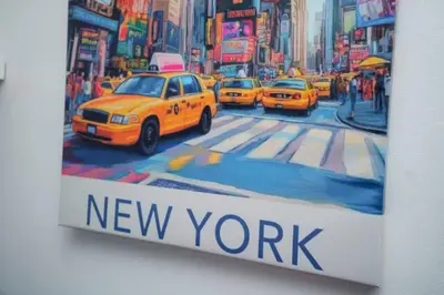 a painting of taxi cars on a city street at Pet Friendly Jersey City Apartment Near NYC Sleeps 6 with Easy Manhattan Access in Jersey City
