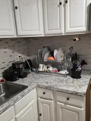 a kitchen counter with a dish rack full of dishes at A newly renovated room with private toilet & bathroom in a 3 bedroom apartment on the ground floor in Irvington