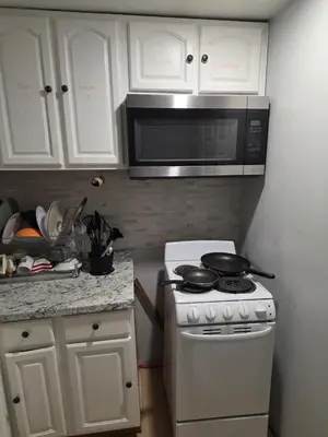 a kitchen with a stove and a microwave at A newly renovated room with private toilet & bathroom in a 3 bedroom apartment on the ground floor in Irvington