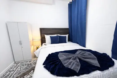 a bedroom with a large bed with a blue curtain at JC Central Stylish Stay Near Manhattan 1A in Jersey City