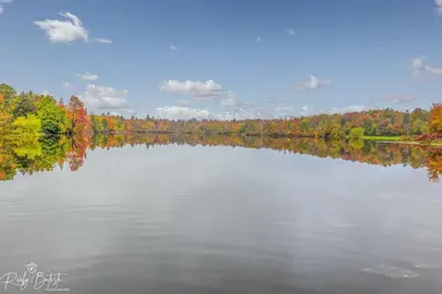 a large lake in the middle of a forest at The Aerie House In Tobyhanna in Tobyhanna