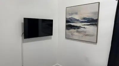two framed paintings and a television on a wall at Style and tranquility within walking distance of everything