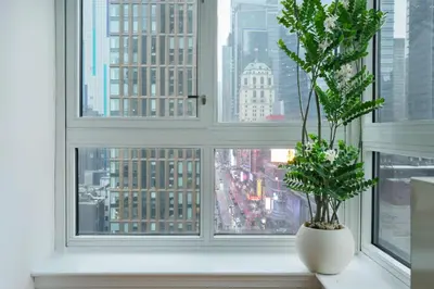 a plant in a vase sitting on a window sill at 43-20A Newly furnished 1BR- full service Doorman laundry Gym Business Center in New York