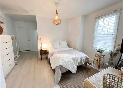 a bedroom with a bed and a pendant light at Chic Phoenixville Retreat With Parking in Phoenixville