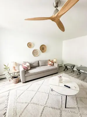 a living room with a couch and a ceiling fan at Chic Phoenixville Retreat With Parking in Phoenixville