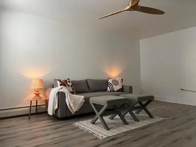 a living room with a couch and a table at Modern Escape in Phoenixville, 4 Guests, Parking in Phoenixville