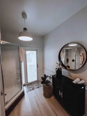 a bathroom with a shower and a mirror on the wall at Queen Bed, Luxury Studio with Balcony in Phoenixville