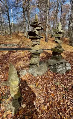 a stack of rocks on the ground in the woods at Cozy 3BR Home - Hudson Valley views near Woodbury Commons in Highland Mills