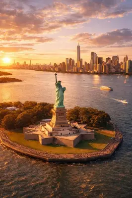 an aerial view of the statue of liberty at sunset at Cozy 3BR Apt in Jersey City! near NYC & Metlife! in Jersey City