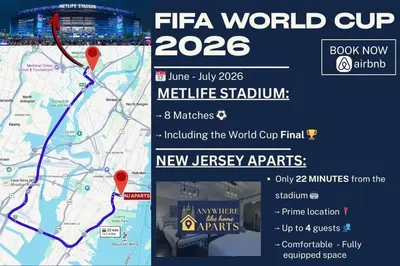 a flyer for the fifa world cup with a map at Comfortable - Exc Location Apt 2BD 1BA Downtown JC 12 min to NYC in Jersey City