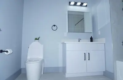 a bathroom with a toilet and a sink and a mirror at Big Apple room 34 in West New York