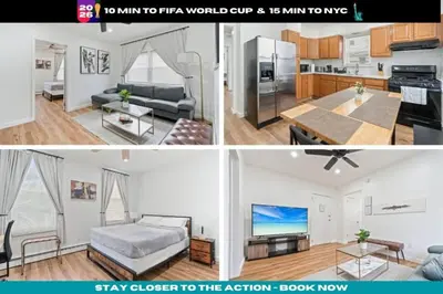 two pictures of a living room and a kitchen at Cozy Retreat 15Min to NYC, FIFA, Mall,FREE Parking - Apartment in North Bergen
