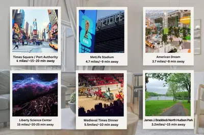 a collage of pictures of different cities at Cozy Retreat 15Min to NYC, FIFA, Mall,FREE Parking - Apartment in North Bergen