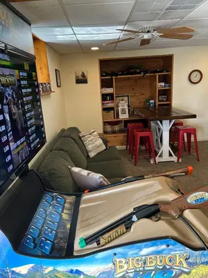 a living room with a large gun on a couch at Inn Harmony- Cabin with Game Room Hot Tub Firepit in Lake Harmony