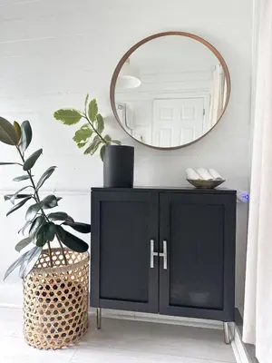 a mirror on a black cabinet in a room with a plant at Home for 8, Parking & Patio in Phoenixville