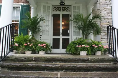 a front door of a house with potted plants at Stocks Manor Bed and Breakfast in Mechanicsburg