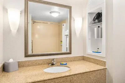 a bathroom with a sink and a mirror at Holiday Inn Express & Suites Wilmington-Newark by IHG in Newark