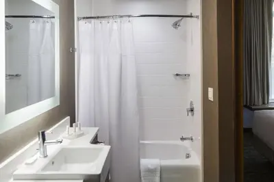 a white bathroom with two sinks and a shower at SpringHill Suites by Marriott Somerset Franklin Township in Somerset