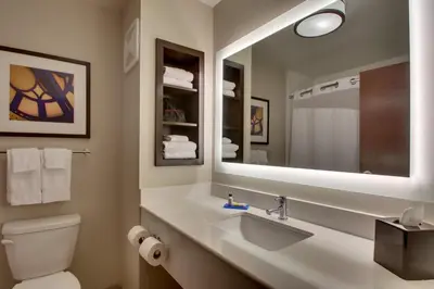 a bathroom with a sink and a toilet and a mirror at Holiday Inn Express & Suites Lancaster East - Strasburg by IHG in Strasburg
