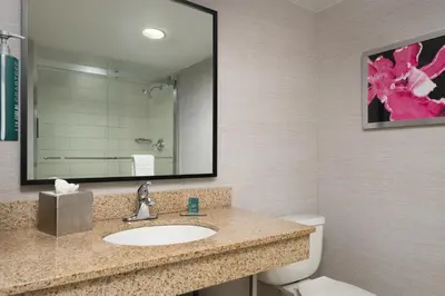 a bathroom with a sink and a mirror and a toilet at DoubleTree by Hilton Fairfield Hotel & Suites in Fairfield