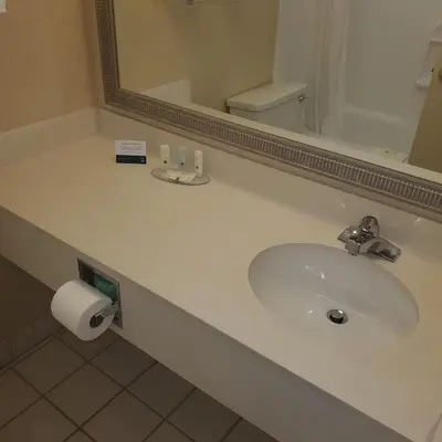 a bathroom with a sink and a toilet and a mirror at Quality Inn Horseheads in Horseheads