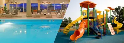 two pictures of a pool with a slide and a playground at Red Lion Hotel Harrisburg Hershey in Harrisburg