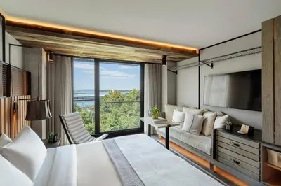 a bedroom with a large bed and a large window at 1 Hotel Brooklyn Bridge in Brooklyn