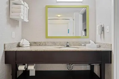 a bathroom with a sink and a mirror at Hampton Inn Ridgefield Park in Ridgefield Park