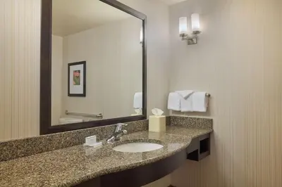 a bathroom with a sink and a large mirror at Hilton Garden Inn Hershey in Hummelstown