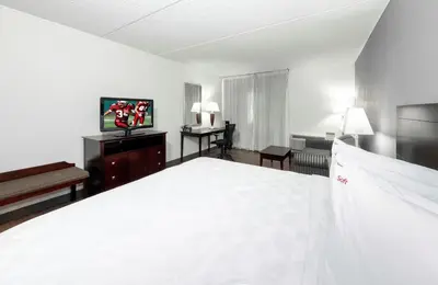a hotel room with a white bed and a television at Red Roof PLUS Woodbridge - Carteret in Carteret