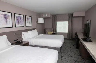 a hotel room with two beds and a flat screen tv at Hilton Garden Inn Springfield in Springfield