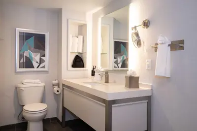 a white bathroom with a toilet and a sink at Hotel Indigo Harrisburg - Hershey by IHG in Harrisburg