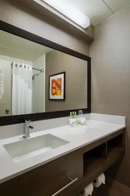 a bathroom with a sink and a large mirror at Holiday Inn Express Hotel & Suites Philadelphia - King of Prussia by IHG in King of Prussia