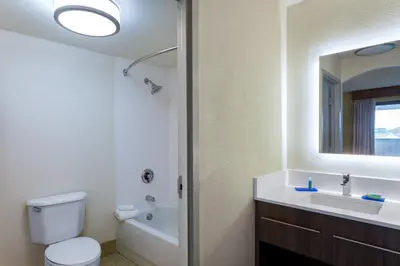 a bathroom with a toilet and a sink and a mirror at Holiday Inn Express Hotel & Suites Philadelphia - King of Prussia by IHG in King of Prussia