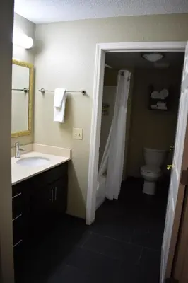 a bathroom with a shower and a sink and a toilet at Staybridge Suites Cranbury - South Brunswick by IHG in Cranbury