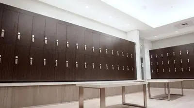 a room with rows of lockers in a building at Crowne Plaza Englewood by IHG in Englewood