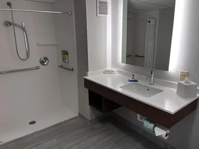 a bathroom with a sink and a mirror and a shower at Holiday Inn Express & Suites Williamsport by IHG in Williamsport