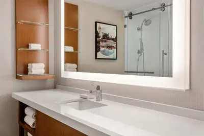a bathroom with a sink and a shower at Delta Hotels by Marriott Allentown Lehigh Valley in Fogelsville