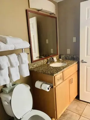 a bathroom with a toilet and a sink and a mirror at Candlewood Suites Harrisburg I-81 Hershey Area by IHG in Harrisburg