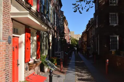 an empty street in an alley between buildings at Alexander Inn in Philadelphia