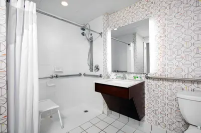 a bathroom with a sink and a toilet and a mirror at Holiday Inn Binghamton-Downtown Hawley Street by IHG in Binghamton