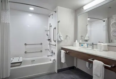 a bathroom with a tub and a sink and a mirror at Hampton Inn by Hilton Harrisburg West in Mechanicsburg